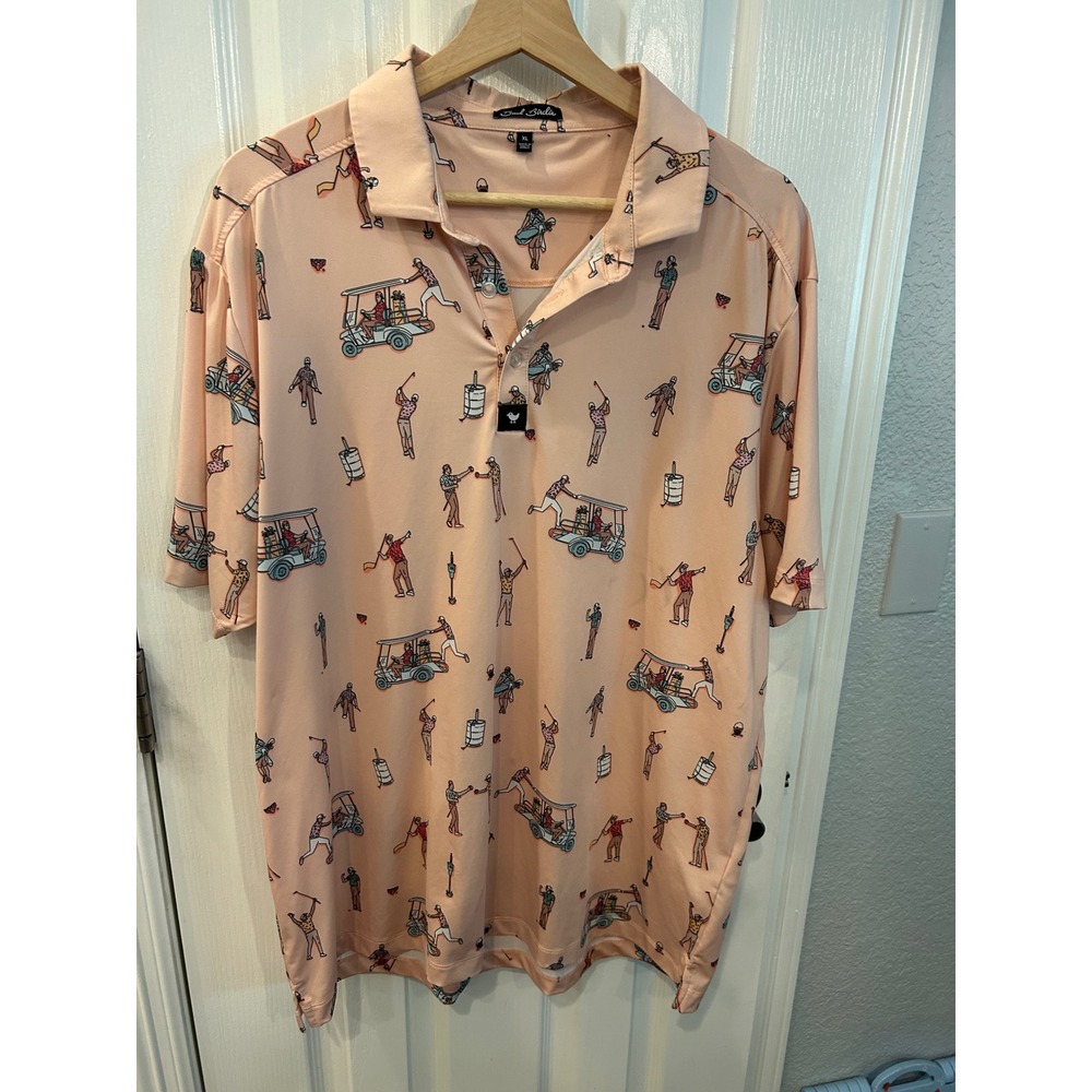 Bad Birdie Golf Polo Peach Novelty Golf Cart Keg Print Mens XL Short Sleeve